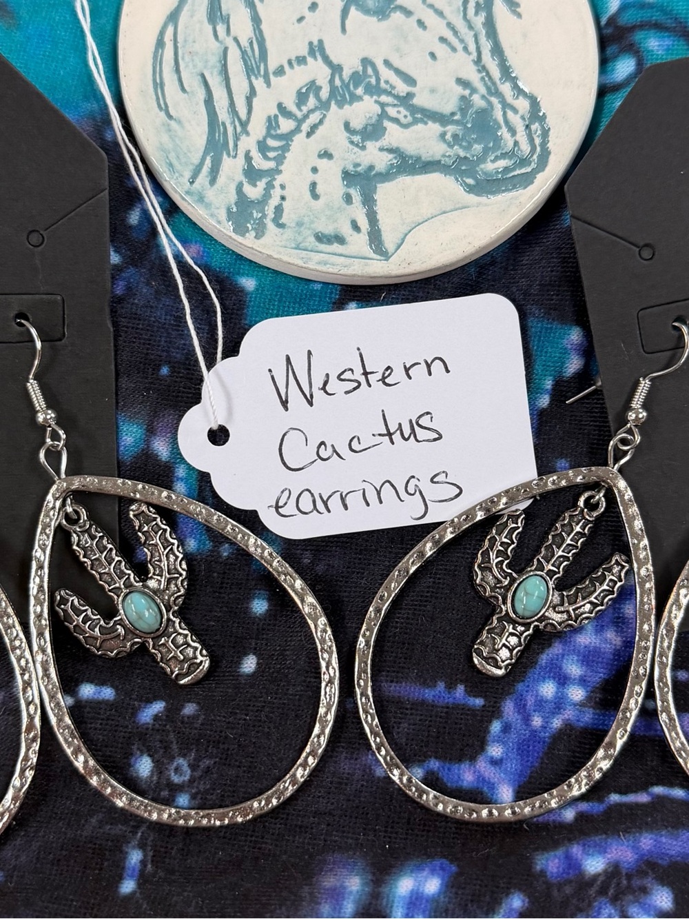 Western 🌵 cactus Teardrop Earrings - Silver with Turquoise Accents (S)